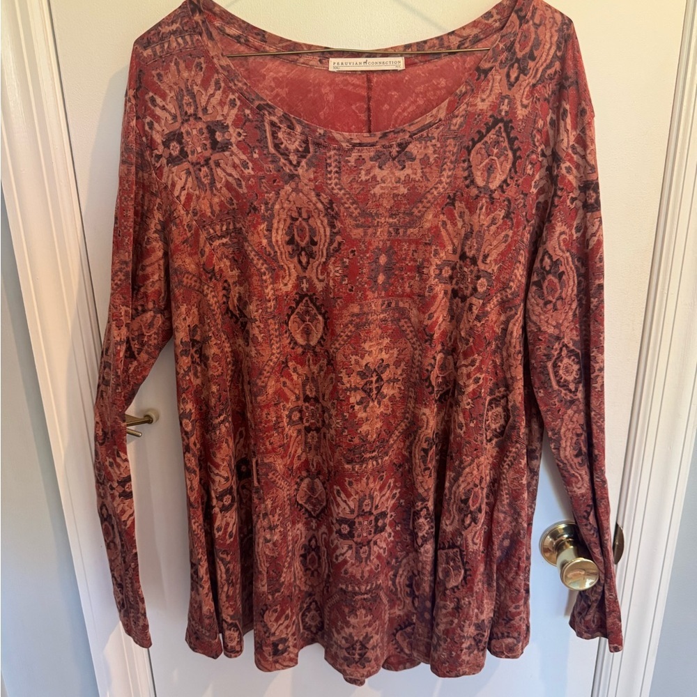 Peruvian Connection Red and Black Patterned Long Sleeve Top